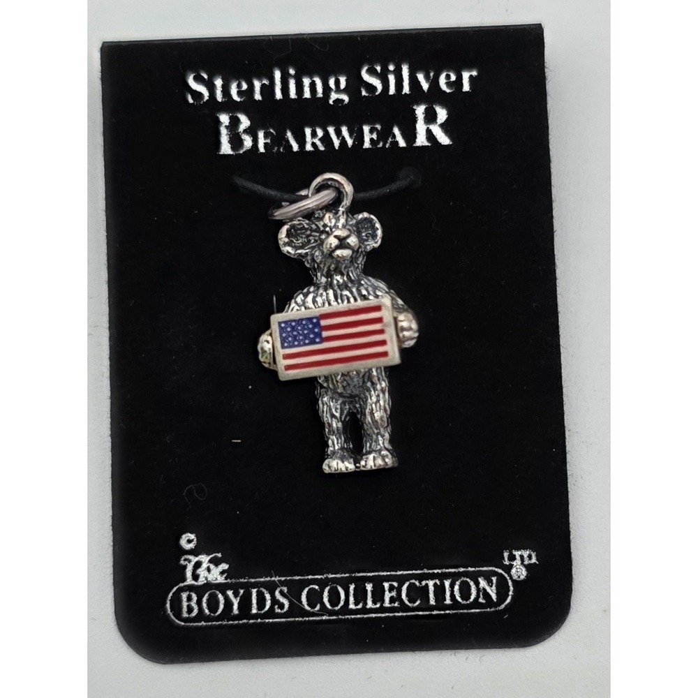 Sterling Silver Bearwear charm Samuel the Bear Holding American Flag Boyds #0307